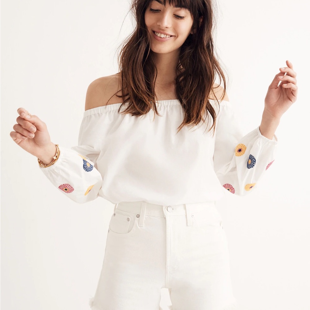 Madewell Embroidered White Off the Shoulder Blouse Top
